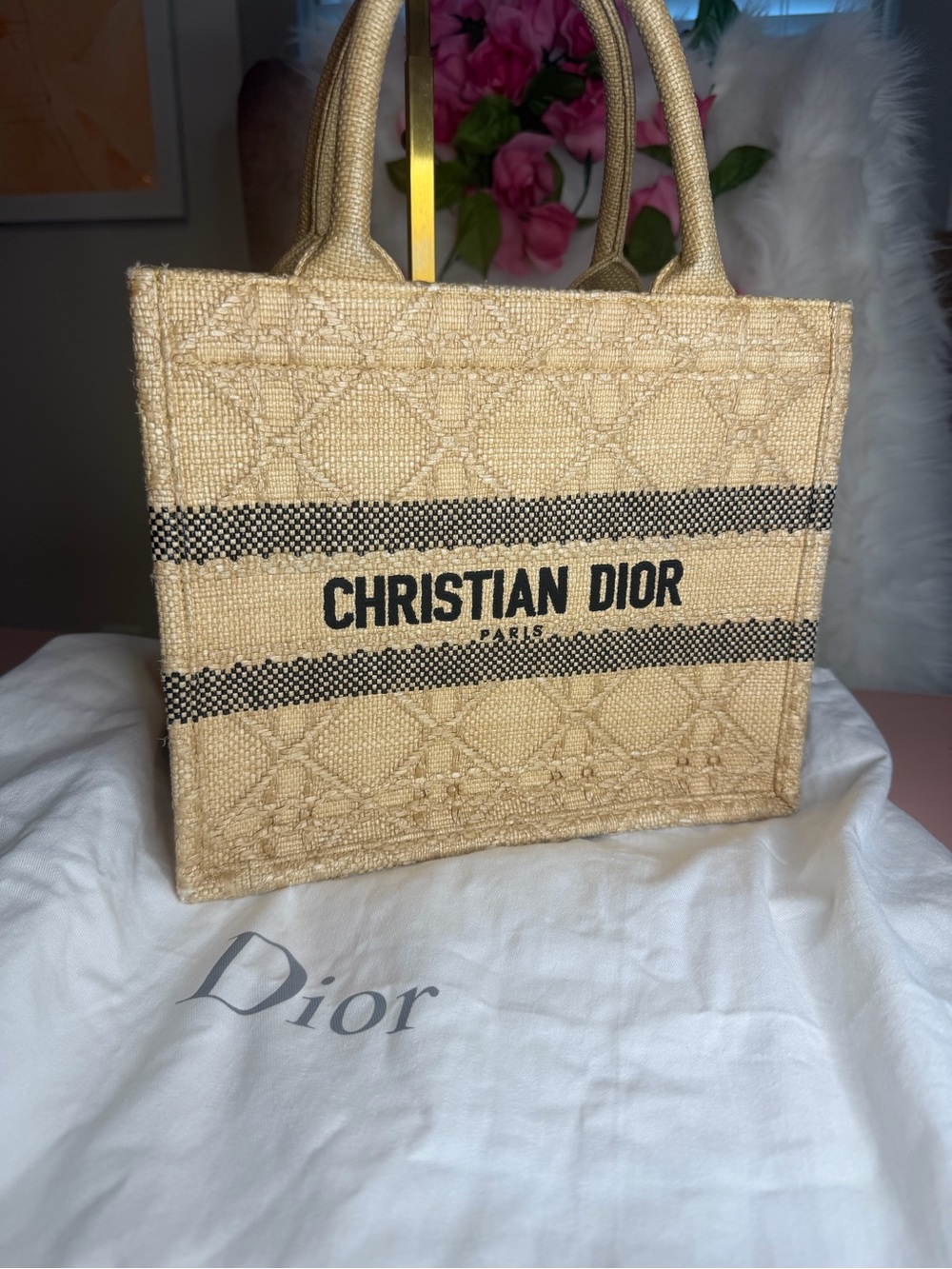 Christian Dior Medium Book Tote Beige Cannage Raffia Woven Canvas Tote Bag COA